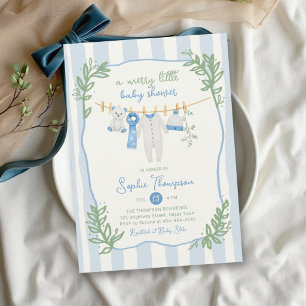 Invitation Joyeuse petite douche de bébé rayée verte et bleue