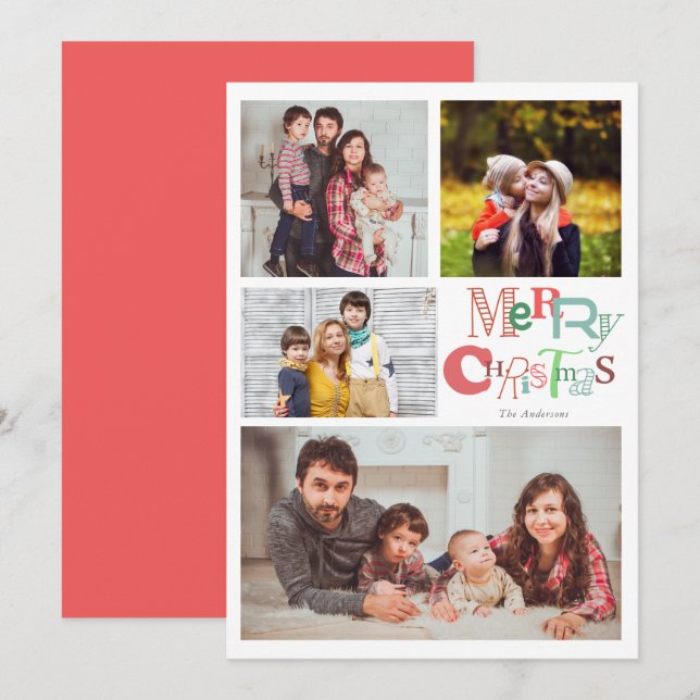 Invitation Joyeuse typographie de Noël 4 Collage de photos ro (Devant / Derrière)