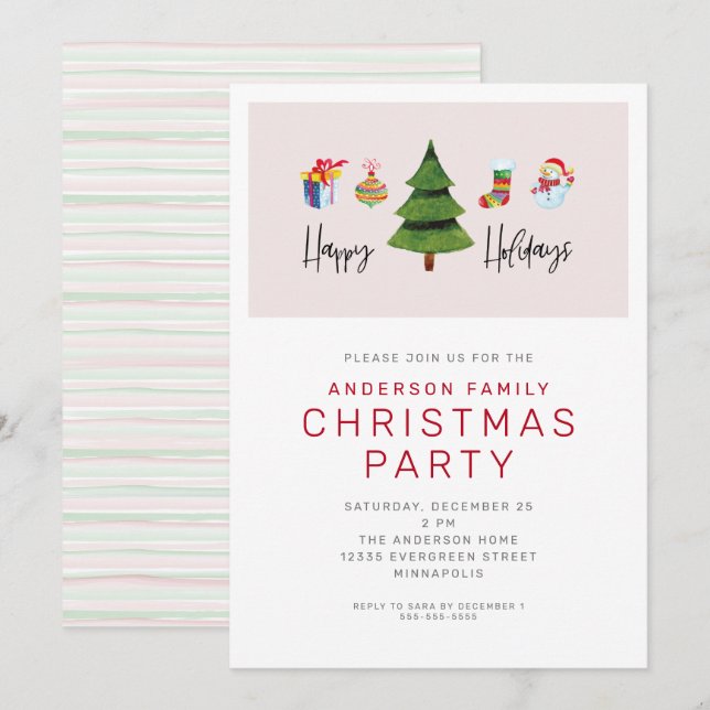 Invitation Joyeuses Fêtes Aquarelle Jolie fête de Noël (Devant / Derrière)