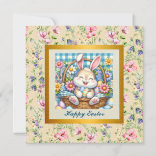 Invitation Joyeuses Pâques avec un lapin mignon, des œufs et 