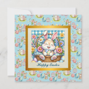 Invitation Joyeuses Pâques avec un lapin mignon, des œufs et 