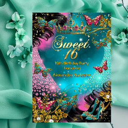 Invitation Joyeux 16e anniversaire Papillon sarcelle rose or