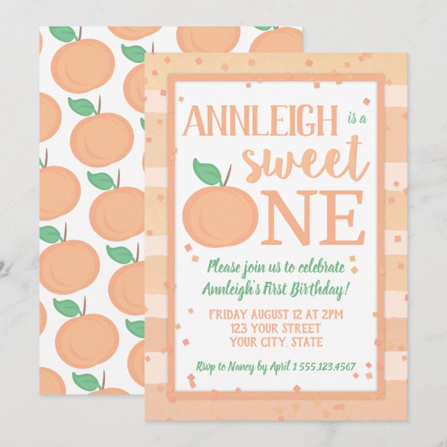 Invitation Joyeux 1 Peach Theme Girls First Birthday (Devant / Derrière)