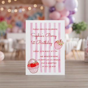 Invitation Joyeux 1er Anniversaire Fille aux Fraises Roses Ra