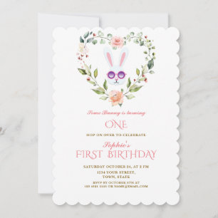 Invitation Joyeux 1er Anniversaire Mignon Lapin Fleurs Rougeu
