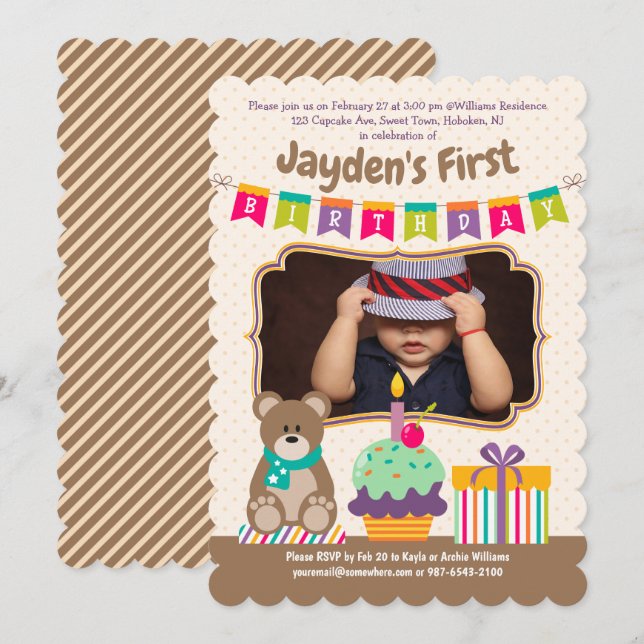 Invitation Joyeux 1er anniversaire Nounours Cupcake Bunting P (Devant / Derrière)