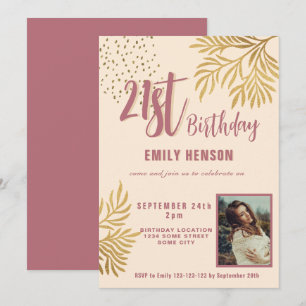 Invitation Joyeux 21e anniversaire Gold Foliage Photo Party