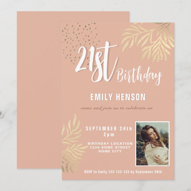 Invitation Joyeux 21e anniversaire Gold Foliage Photo Party (Devant / Derrière)