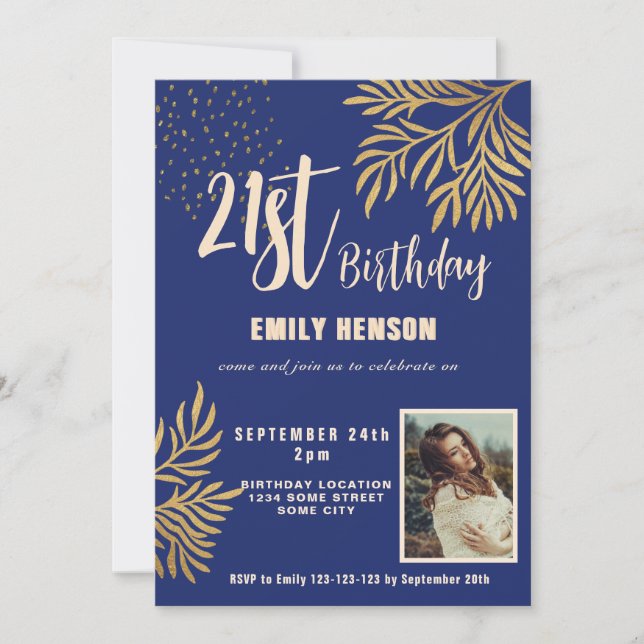 Invitation Joyeux 21e anniversaire Gold Foliage Photo Party (Devant)