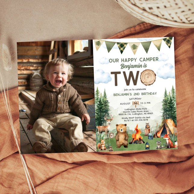 Invitation Joyeux 2ème anniversaire Happy Camper Photo (Happy Camper 2nd Birthday Photo Invitation
)