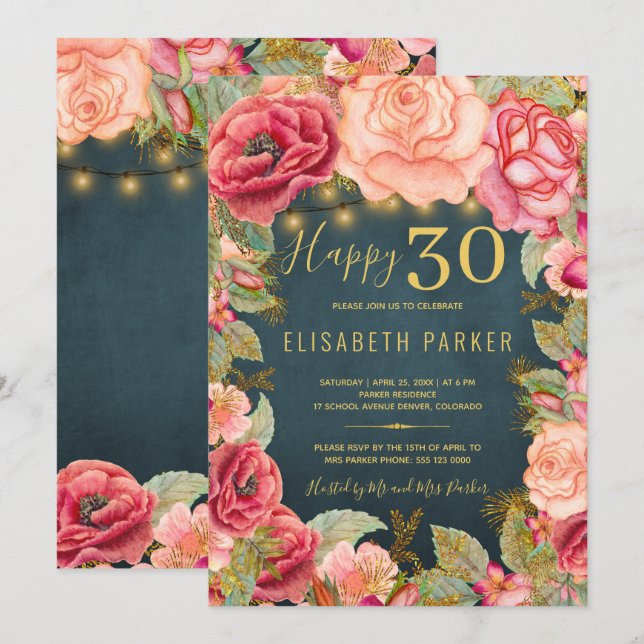 Invitation Joyeux 30 floral chic élégant 30e anniversaire fêt (Devant / Derrière)