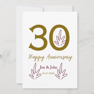 Invitation Joyeux 30e anniversaire nom date feuille rouge dor