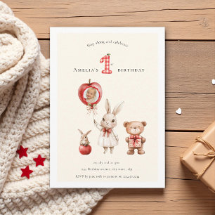 Invitation Joyeux anniversaire "1er" Lapin Ours aquarelle mig