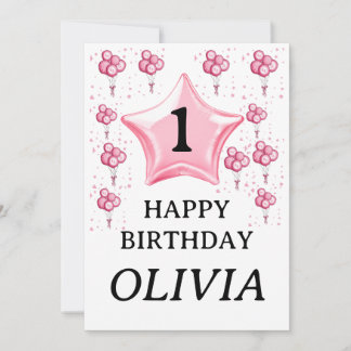 Invitation Joyeux anniversaire 1ère petite fille ballons rose