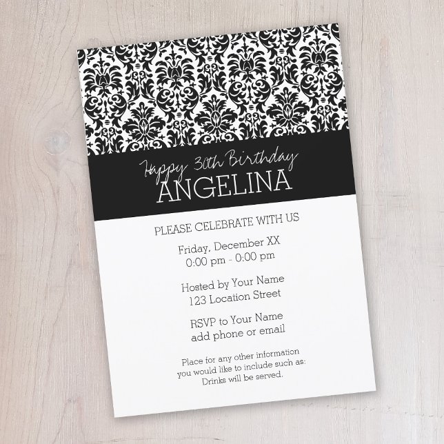 Invitation Joyeux anniversaire avec un damas noir et blanc te (Black lace birthday party invitation - instant download available)