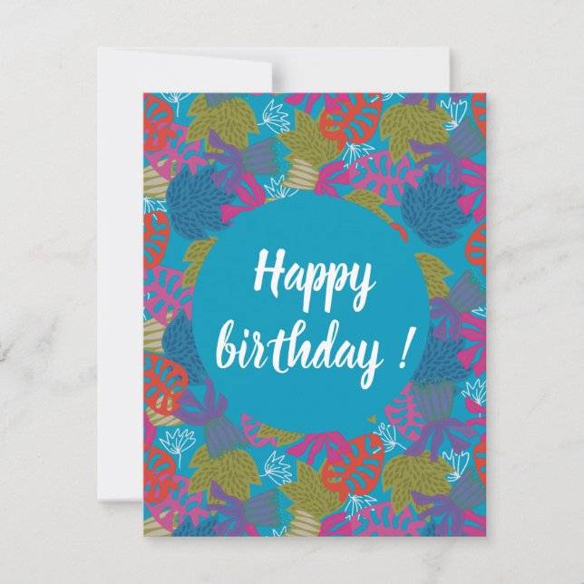 Invitation Joyeux anniversaire bleu fleurs tropicales (Devant)