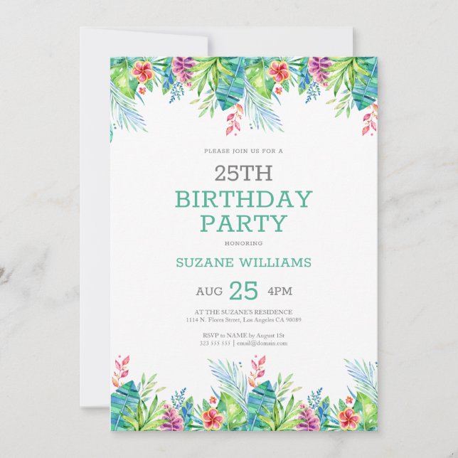Invitation Joyeux anniversaire cadre de fleurs tropicales 2 I (Devant)
