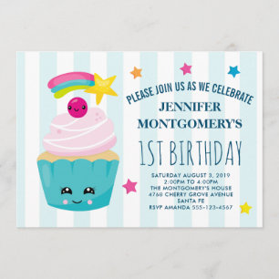 Invitation Joyeux Anniversaire Cupcake Mignon avec Visage Kaw
