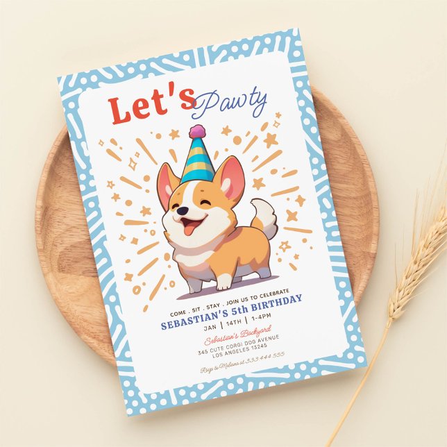 Invitation Joyeux anniversaire de Corgi Puppy Pawty (Créateur téléchargé)