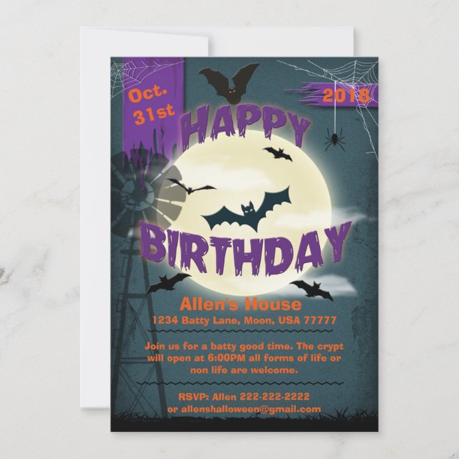 Invitation Joyeux anniversaire d'Halloween Batty Moonlight Pa (Devant)