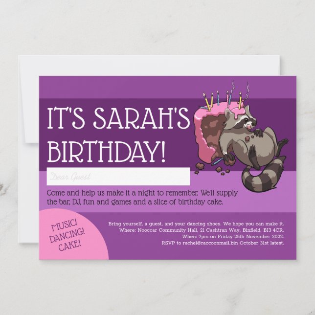Invitation Joyeux anniversaire Greedy Raccoon Cake Cartoon (Devant)