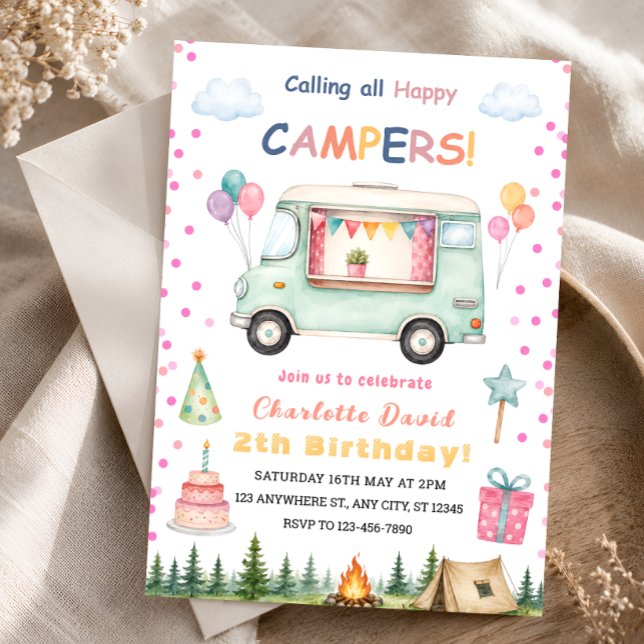 Invitation Joyeux Anniversaire Happy Camper 2 ans (Créateur téléchargé)