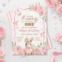 Joyeux Anniversaire Lapin Rose Pâle Floral