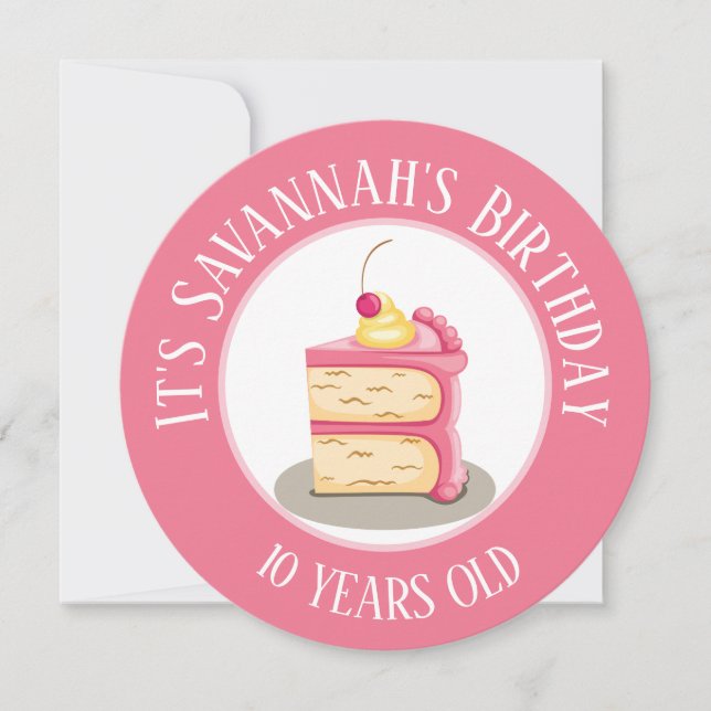 Invitation Joyeux anniversaire, morceau de gâteau rose Cercle (Devant)