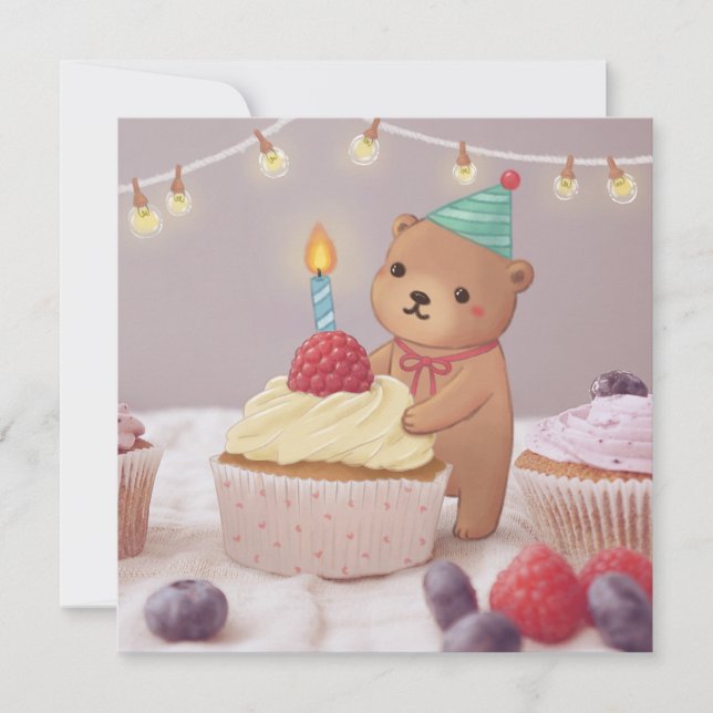 Invitation Joyeux anniversaire : Ours en peluche et petits gâ (Devant)
