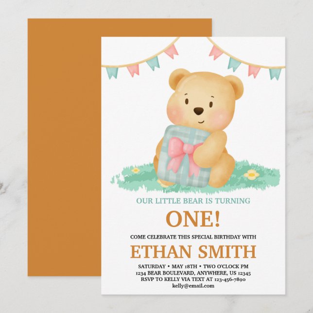 Invitation Joyeux Anniversaire Ourson Mignon (Devant / Derrière)