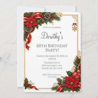 Invitation Joyeux anniversaire poinsettia rouge or hiver