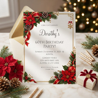 Invitation Joyeux anniversaire poinsettia rouge or hiver