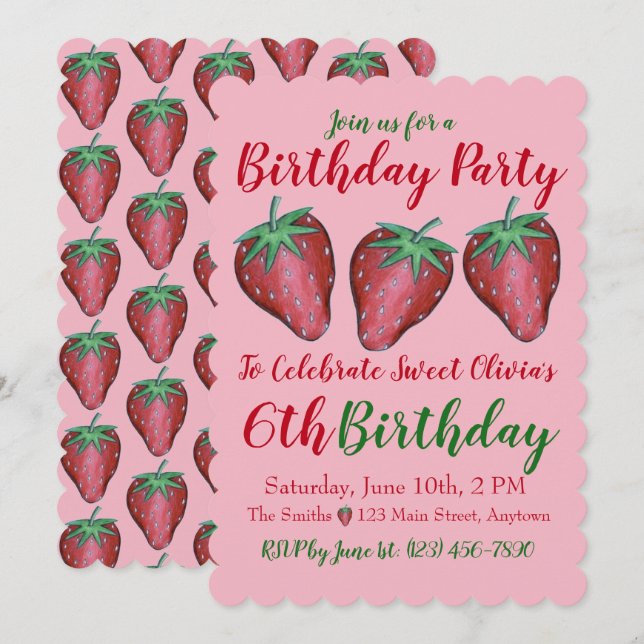 Invitation Joyeux Anniversaire Rose Red Sweet Fraise Berries (Devant / Derrière)