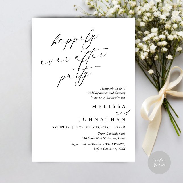 Invitation Joyeux Après La Fête, Dîner Mariage Elopement (Happily Ever After Party, Wedding Elopement Dinner Invitation Card, PDF, in Black and White)