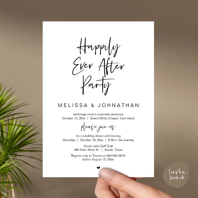Invitation Joyeux Après La Fête, Dîner Mariage Elopement (Happily Ever After Party, Wedding Elopement Dinner Brunch Lunch Invitation Card, PDF, White Black)