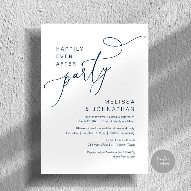 Invitation Joyeux Après La Fête, Dîner Mariage, Marine (Happily Ever After Party, Romantic Wedding Dinner and Dancing Invitation Card, PDF, in Navy Blue)