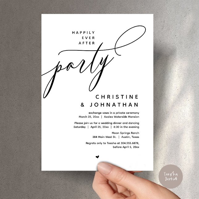 Invitation Joyeux Après La Fête, Dîner Mariage Moderne (Romantic Happily Ever After Party, Modern Wedding Dinner Invitation Card, PDF, Black White)