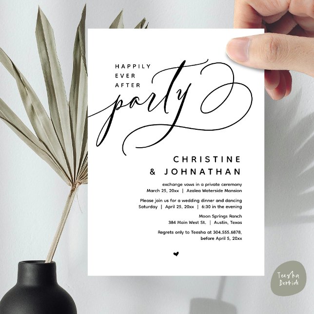 Invitation Joyeux Après La Fête, Dîner Mariage Moderne (Romantic Happily Ever After Party, Modern Wedding Dinner Invitation Card, PDF, Black White)