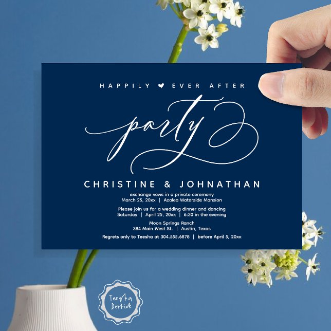 Invitation Joyeux Après La Fête, Dîner Mariage Moderne (Happily Ever After Party, Modern Wedding Dinner Invitation Card, Modern Romantic, PDF, Navy Blue)