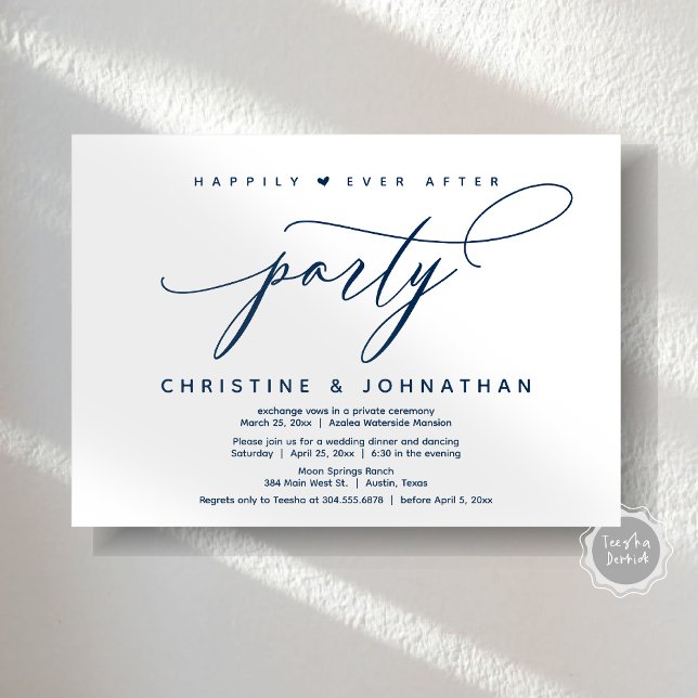 Invitation Joyeux Après La Fête, Dîner Mariage Moderne (Happily Ever After Party, Modern Wedding Dinner Invitation Card, Modern Romantic, PDF, Navy Blue)