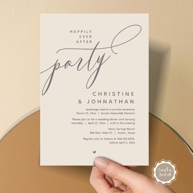 Invitation Joyeux Après La Fête, Dîner Mariage Moderne (Romantic Happily Ever After Party, Modern Wedding Dinner Invitation Card, PDF, Cream Grey)