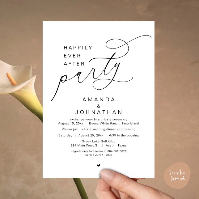 Invitation Joyeux Après La Fête, Dîner Mariage Romantique (Happily Ever After Party, Modern Romantic Wedding Dinner Invitation Card, PDF, White Black)