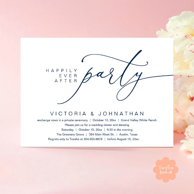 Invitation Joyeux Après La Fête, Dîner Mariage Romantique (Happily Ever After Party, Romantic Wedding Dinner Invitation Card PDF aesthetic Classy Navy Blue)