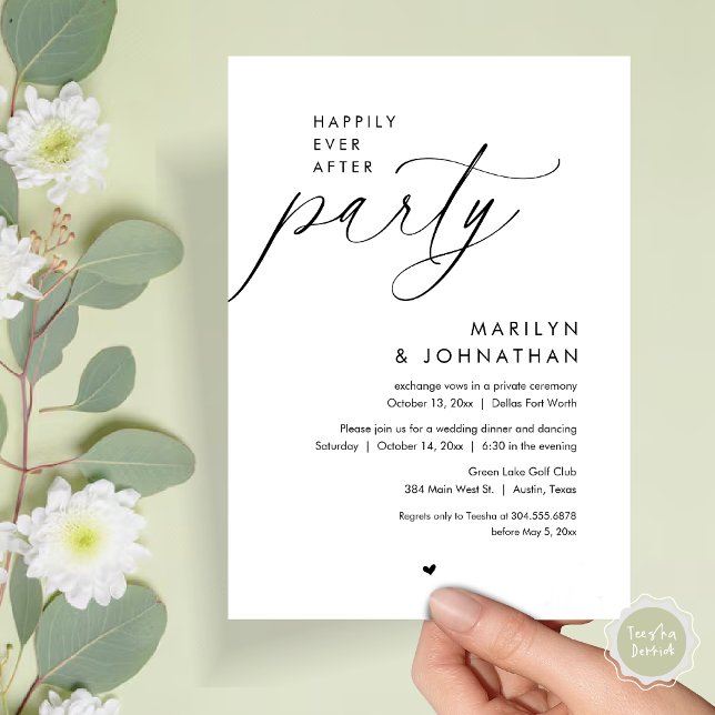 Invitation Joyeux Après La Fête, Dîner Mariage Romantique (Happily Ever After Party, Modern Romantic Wedding Dinner Invitation Card, PDF, in Black and White)