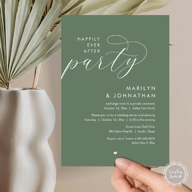 Invitation Joyeux Après La Fête, Dîner Mariage Romantique (Happily Ever After Party, Modern Romantic Wedding Dinner Invitation Card, PDF, in Forest Sage Green)