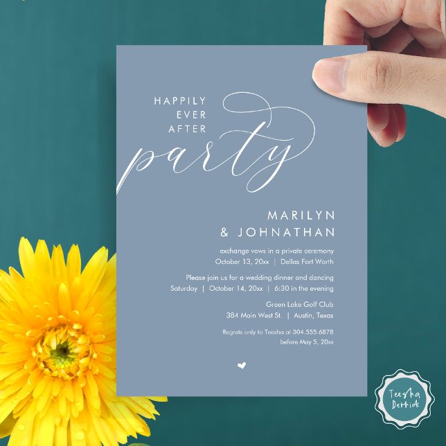 Invitation Joyeux Après La Fête, Dîner Mariage Romantique (Happily Ever After Party, Modern Romantic Wedding Dinner Invitation Card, PDF, in Dusty Blue)