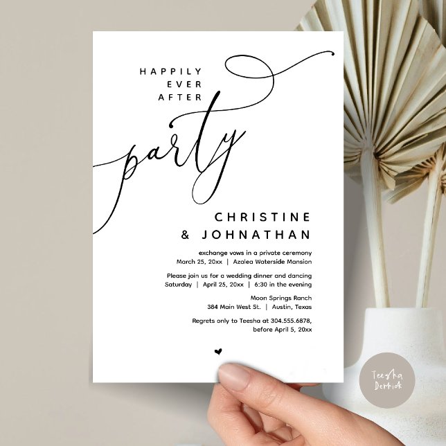 Invitation Joyeux Après La Fête, Dîner Mariage Romantique (Romantic Happily Ever After Party, Modern Wedding Dinner Invitation Card, PDF, Black White)