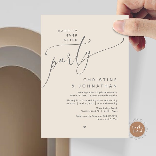Invitation Joyeux Après La Fête, Dîner Mariage Romantique (Romantic Happily Ever After Party, Modern Wedding Dinner Invitation Card, PDF, Cream Grey)