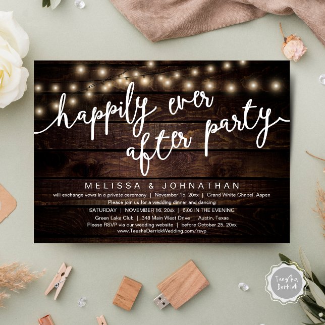 Invitation Joyeux Après La Fête, Dîner Rustique Mariage (Happily Ever After Party, Rustic Wedding Dinner Invitation Card, PDF, Cottage Brown Wood Graphic)