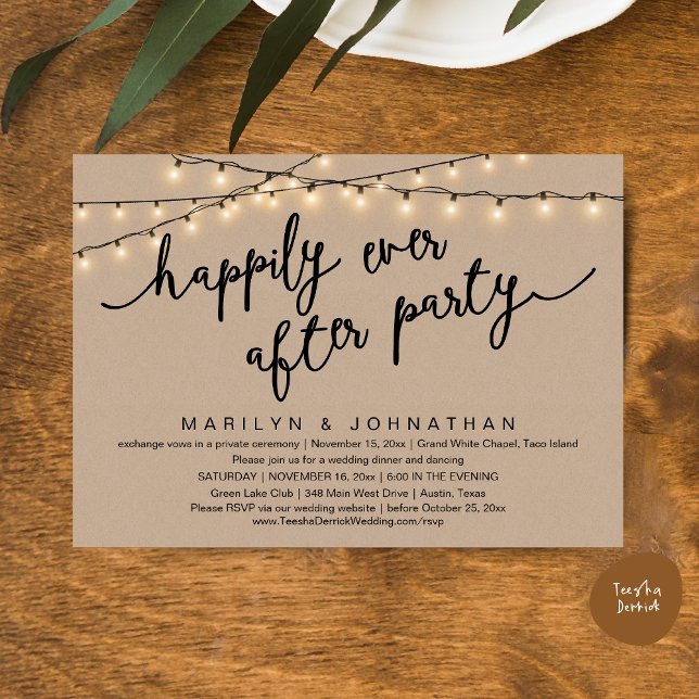 Invitation Joyeux Après La Fête, Dîner Rustique Mariage (Happily Ever After Party, Rustic Wedding Dinner Dancing Invitation Card, PDF, Brown Wood Background)